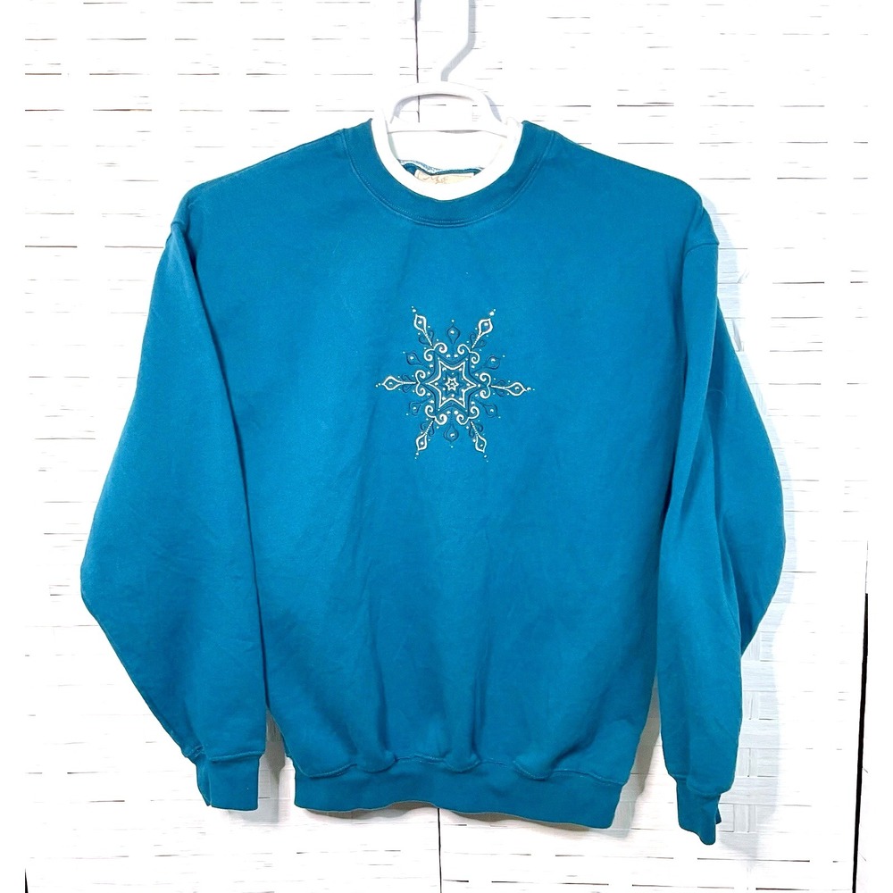 M&C Sportswear Teal Blue Snowflake Embellished Vintage Sweatshirt‎ Size L